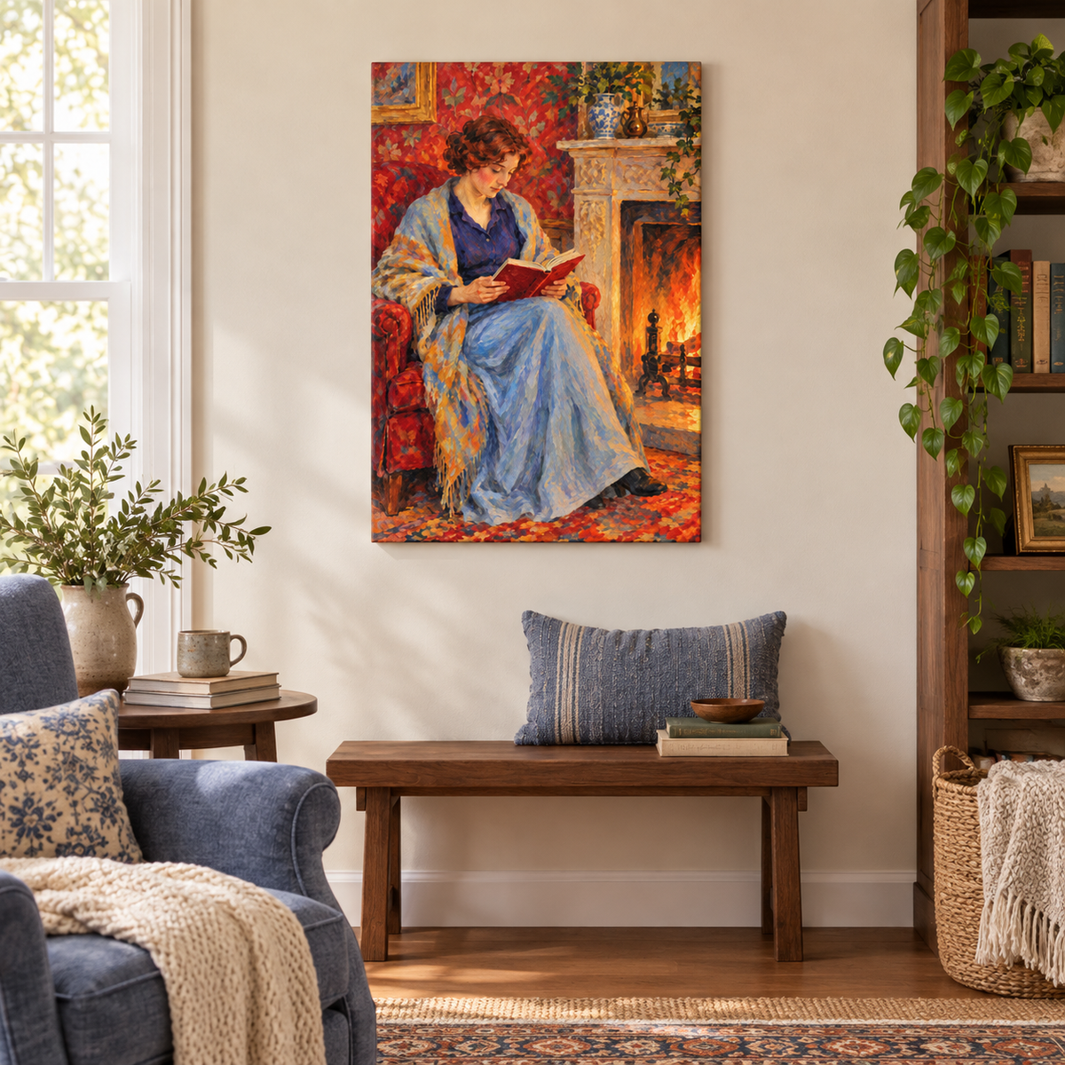 Fireside Reading Woman — Black Frame room scene | AUSJOJO