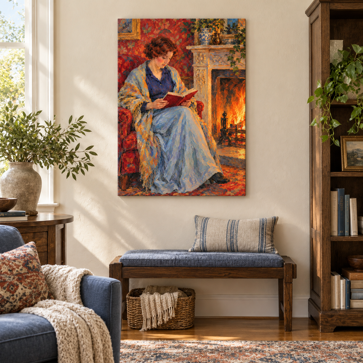 Fireside Reading Woman — Brown Frame room scene | AUSJOJO