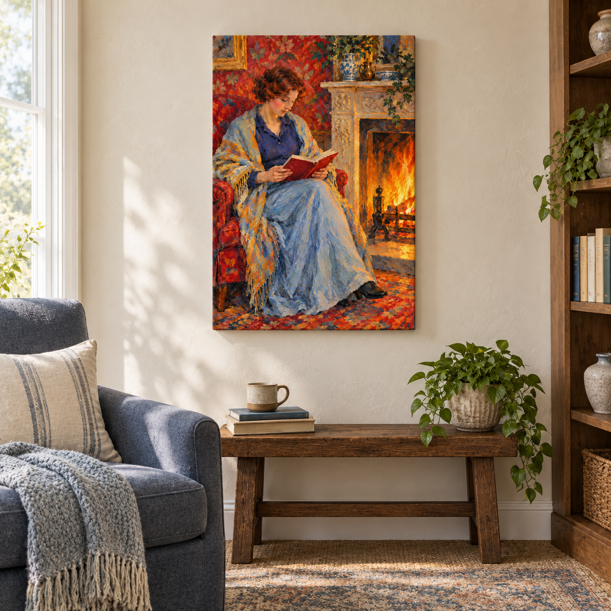 Fireside Reading Woman — Stretched Canvas room scene | AUSJOJO