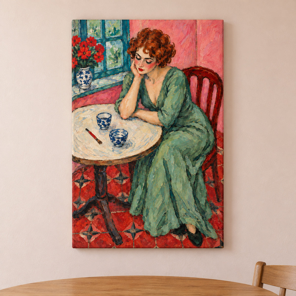Melancholy Woman at Round Table — framed artwork main view | AUSJOJO