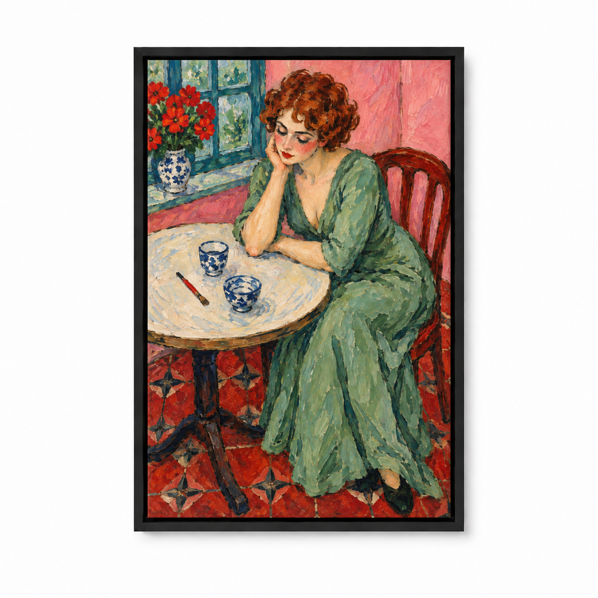 Melancholy Woman at Round Table — Black Frame finish product view | AUSJOJO
