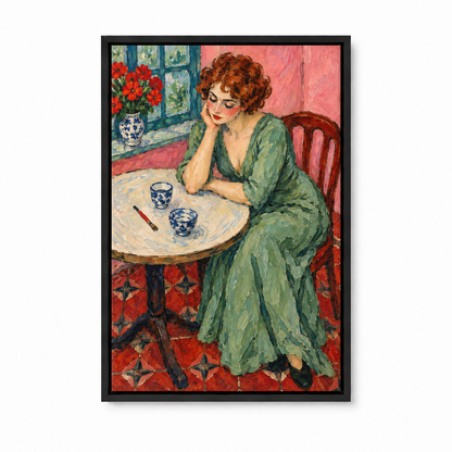 Melancholy Woman at Round Table — Black Frame finish product view | AUSJOJO