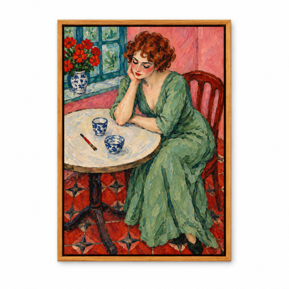 Melancholy Woman at Round Table — Brown Frame finish product view | AUSJOJO