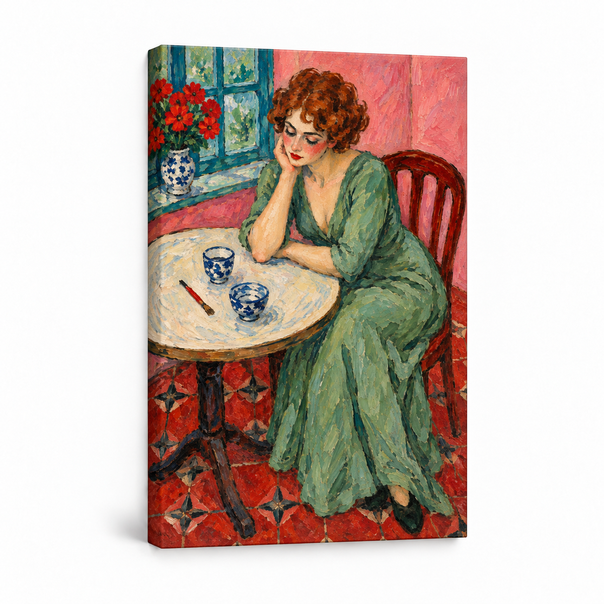 Melancholy Woman at Round Table — Stretched Canvas product view | AUSJOJO