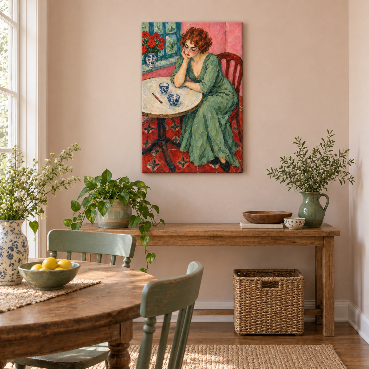 Melancholy Woman at Round Table — Black Frame room scene | AUSJOJO