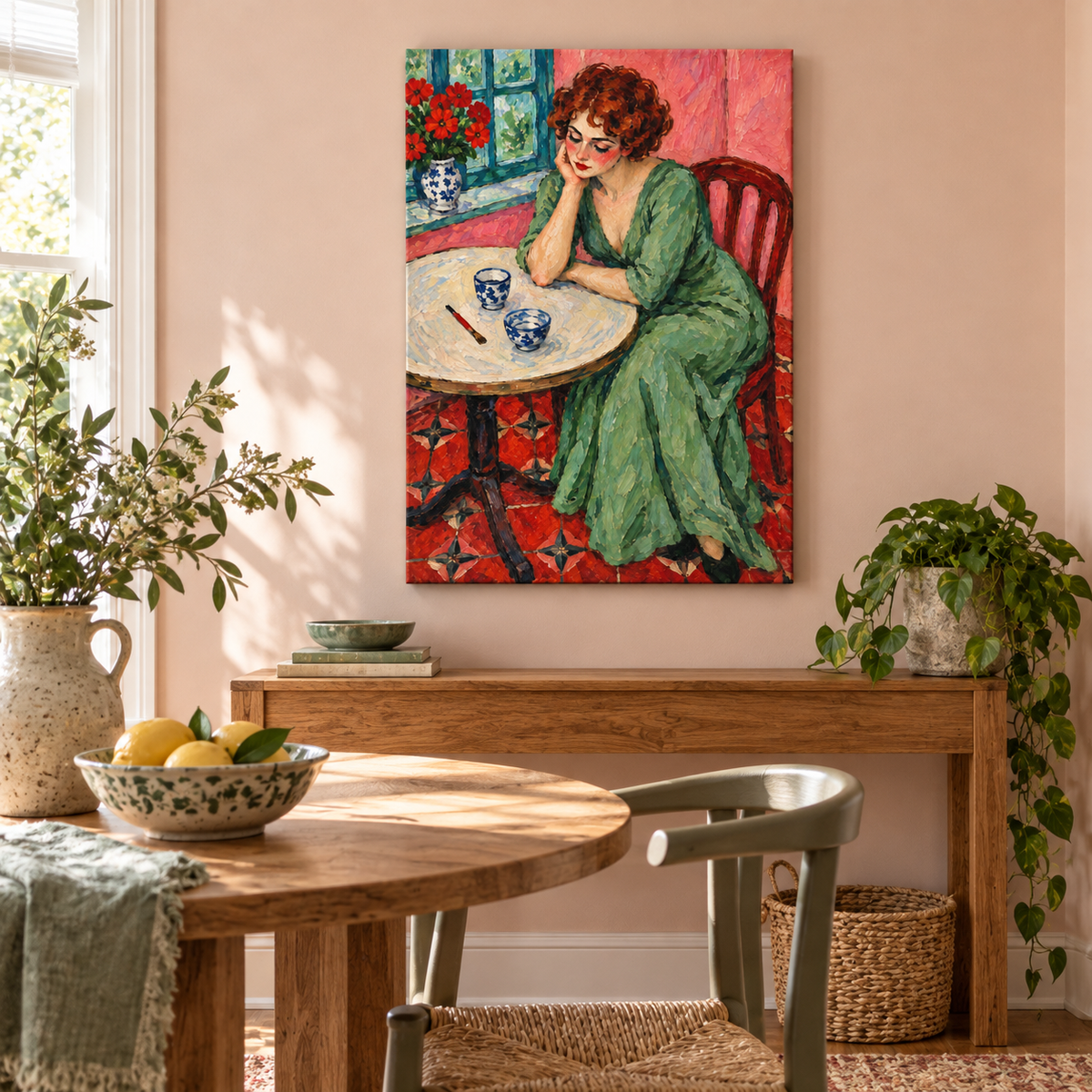 Melancholy Woman at Round Table — Brown Frame room scene | AUSJOJO