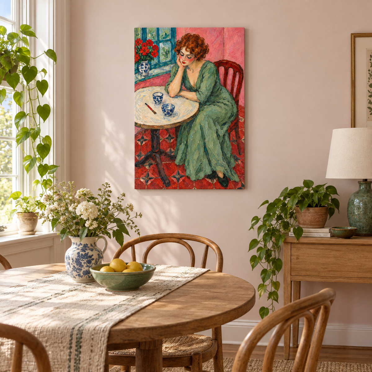 Melancholy Woman at Round Table — Stretched Canvas room scene | AUSJOJO