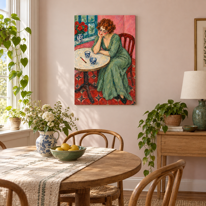 Melancholy Woman at Round Table — Stretched Canvas room scene | AUSJOJO