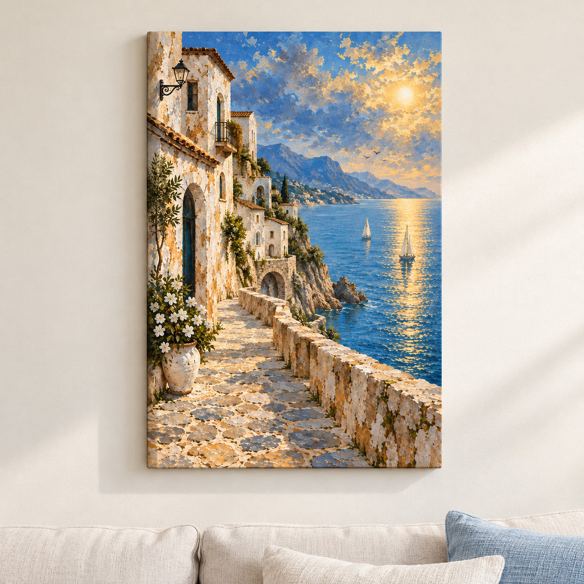 Mediterranean Seaside White Houses — framed artwork main view | AUSJOJO