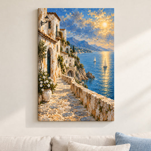 Mediterranean Seaside White Houses — framed artwork main view | AUSJOJO