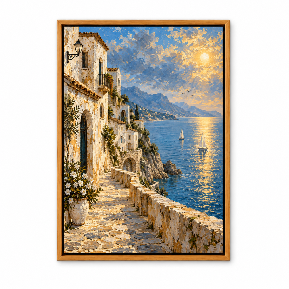 Mediterranean Seaside White Houses — Brown Frame finish product view | AUSJOJO