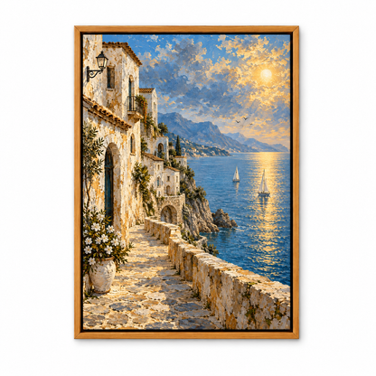 Mediterranean Seaside White Houses — Brown Frame finish product view | AUSJOJO