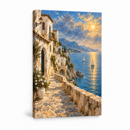 Mediterranean Seaside White Houses — Stretched Canvas product view | AUSJOJO