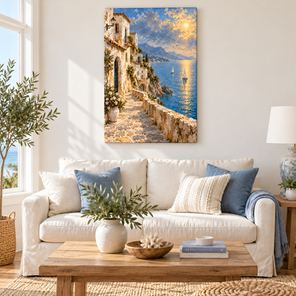 Mediterranean Seaside White Houses — Black Frame room scene | AUSJOJO