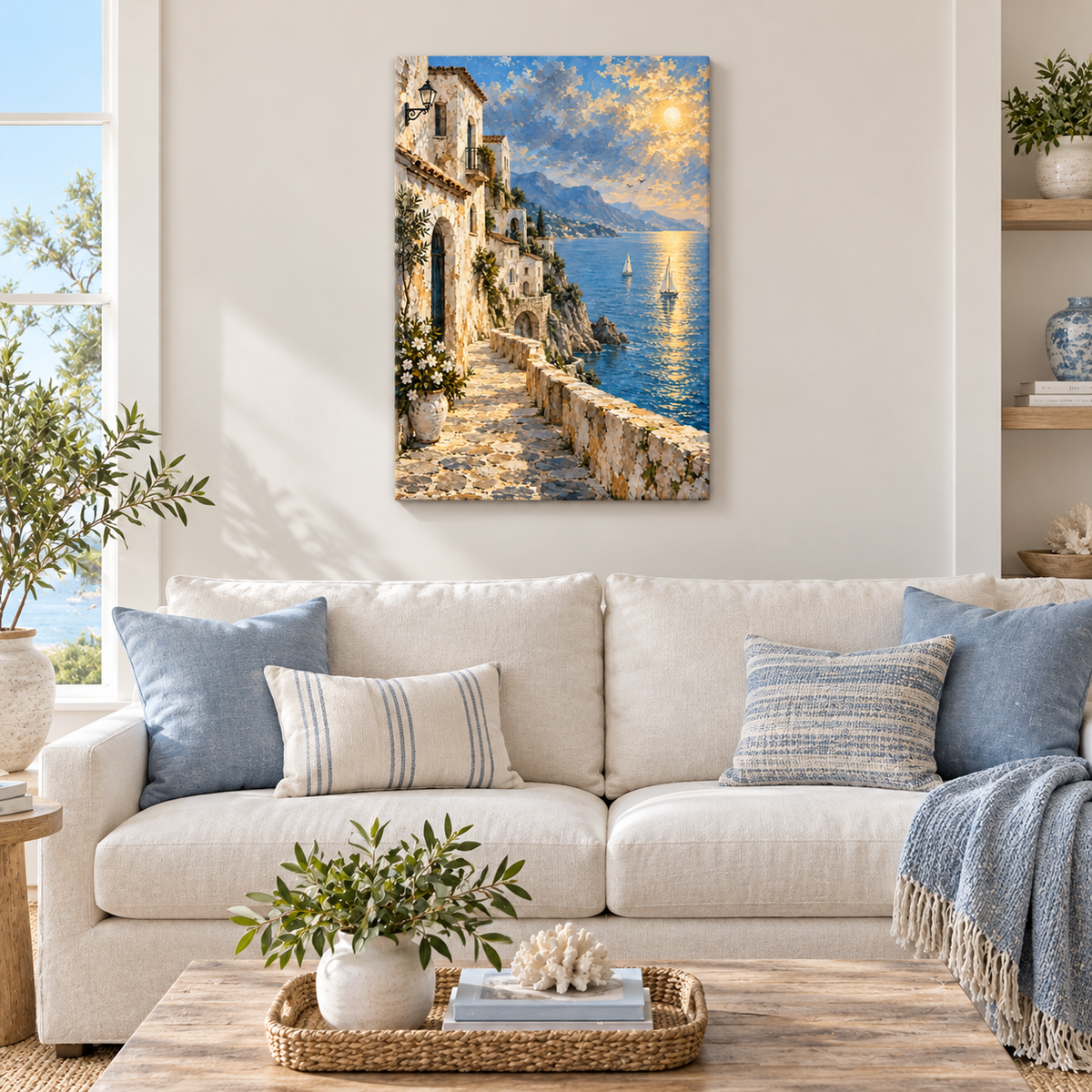 Mediterranean Seaside White Houses — Brown Frame room scene | AUSJOJO