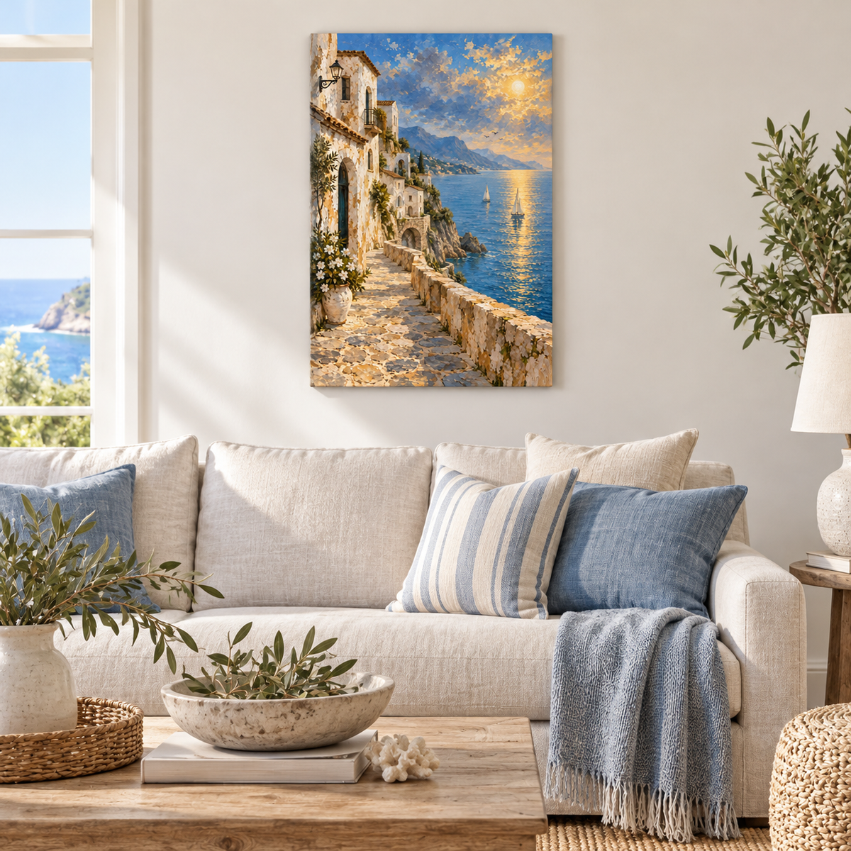Mediterranean Seaside White Houses — Stretched Canvas room scene | AUSJOJO
