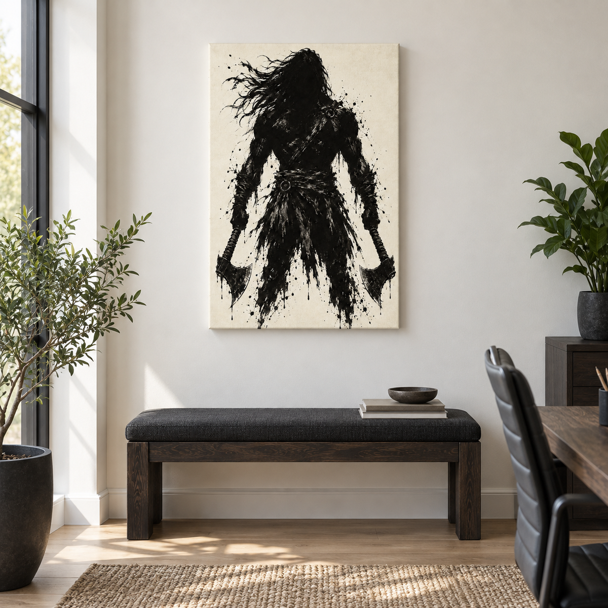 Two Axe Ink Warrior — Stretched Canvas room scene | AUSJOJO