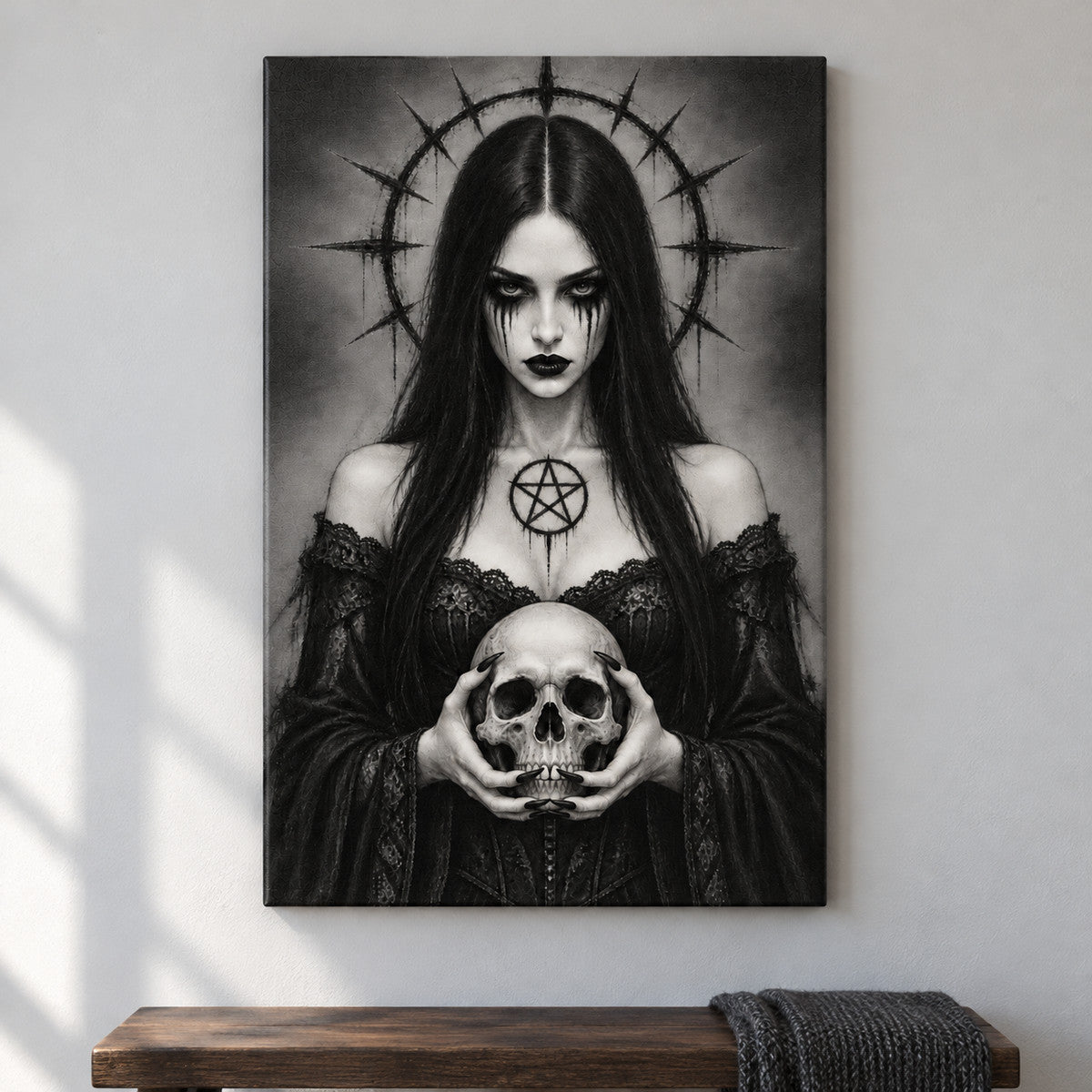Gothic Woman Holding Skull — framed artwork main view | AUSJOJO