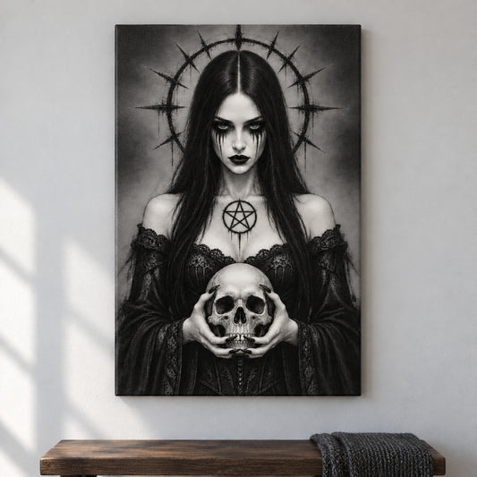 Gothic Woman Holding Skull — framed artwork main view | AUSJOJO
