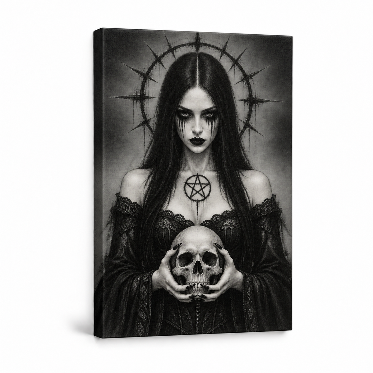 Gothic Woman Holding Skull — Stretched Canvas product view | AUSJOJO