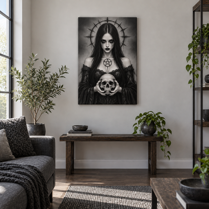 Gothic Woman Holding Skull — Stretched Canvas room scene | AUSJOJO