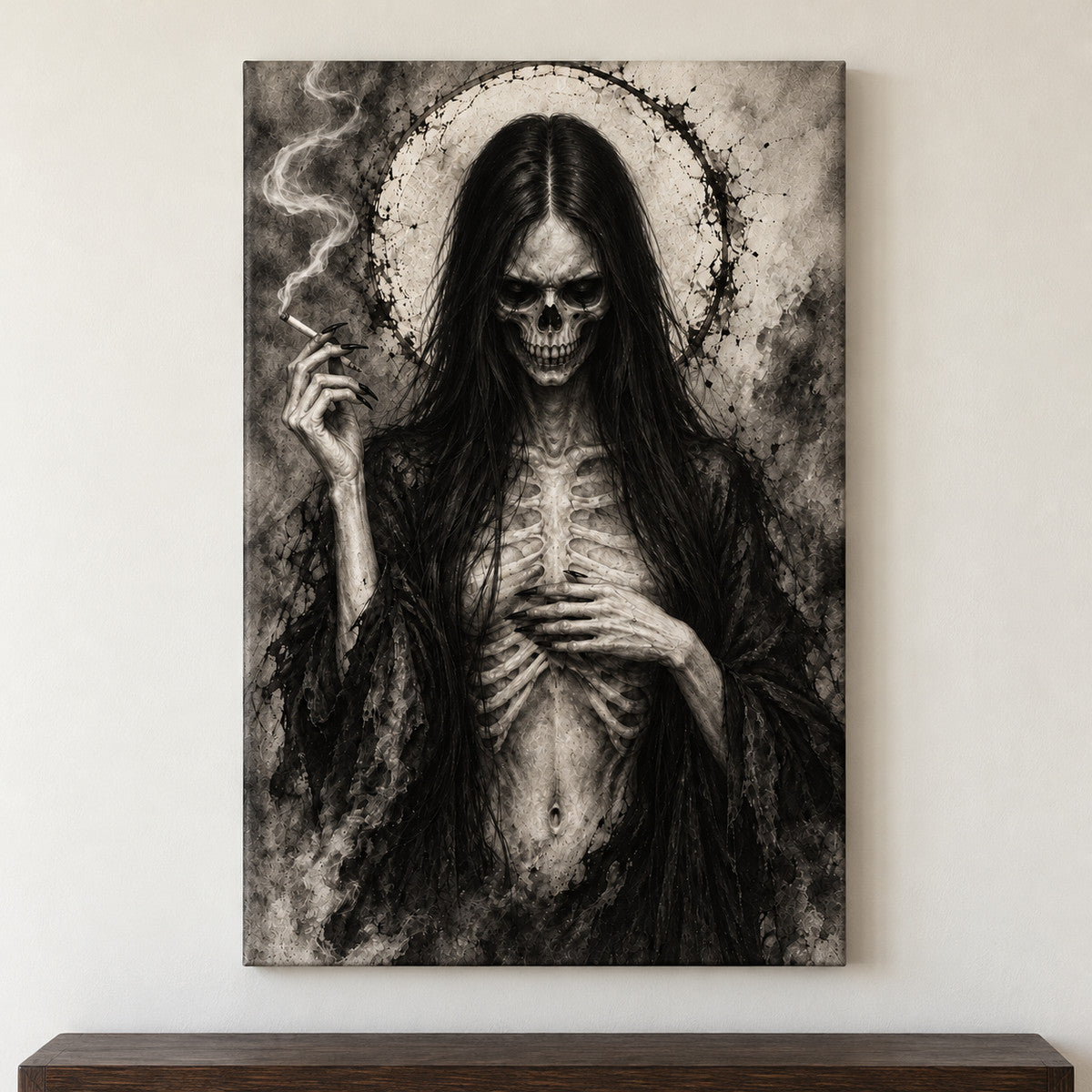 Skeletal Smoking Gothic Figure — framed artwork main view | AUSJOJO
