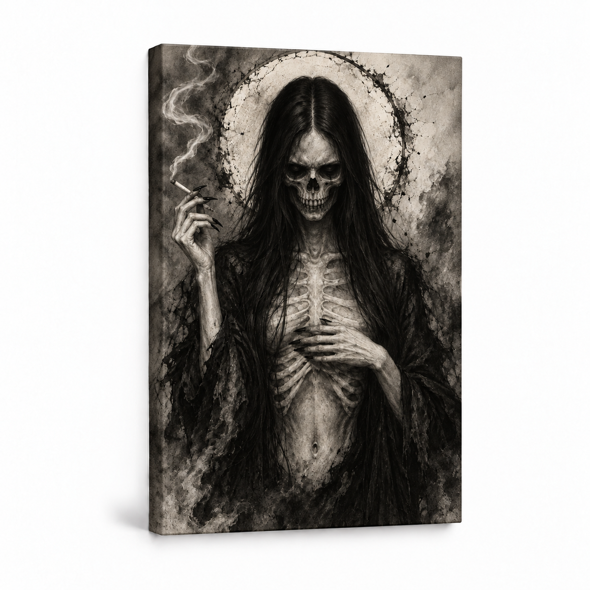 Skeletal Smoking Gothic Figure — Stretched Canvas product view | AUSJOJO