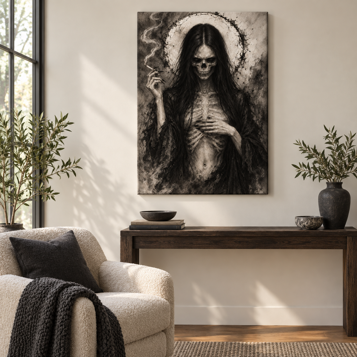 Skeletal Smoking Gothic Figure — Black Frame room scene | AUSJOJO