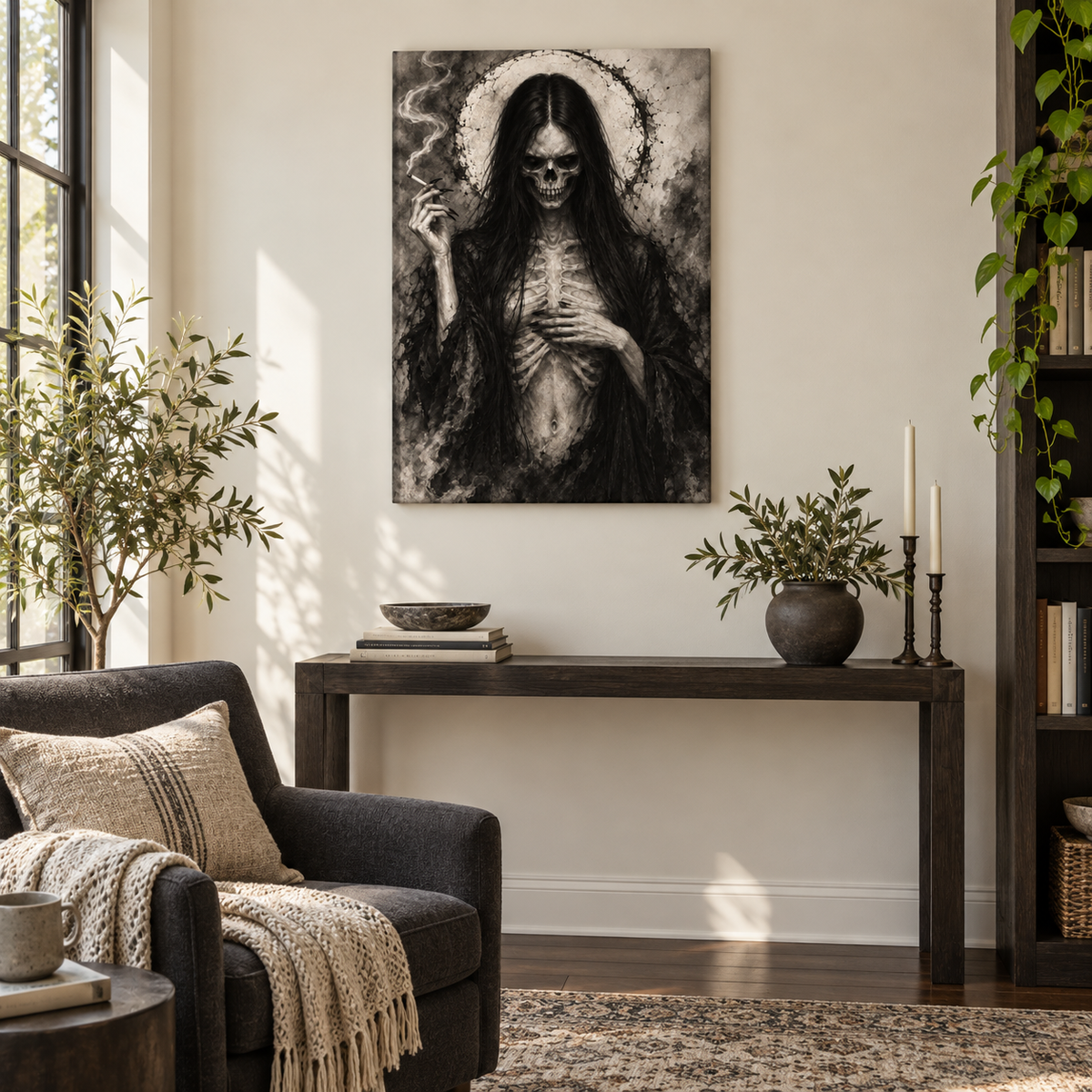 Skeletal Smoking Gothic Figure — Stretched Canvas room scene | AUSJOJO