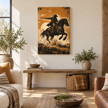 Galloping Western Rider — Stretched Canvas room scene | AUSJOJO