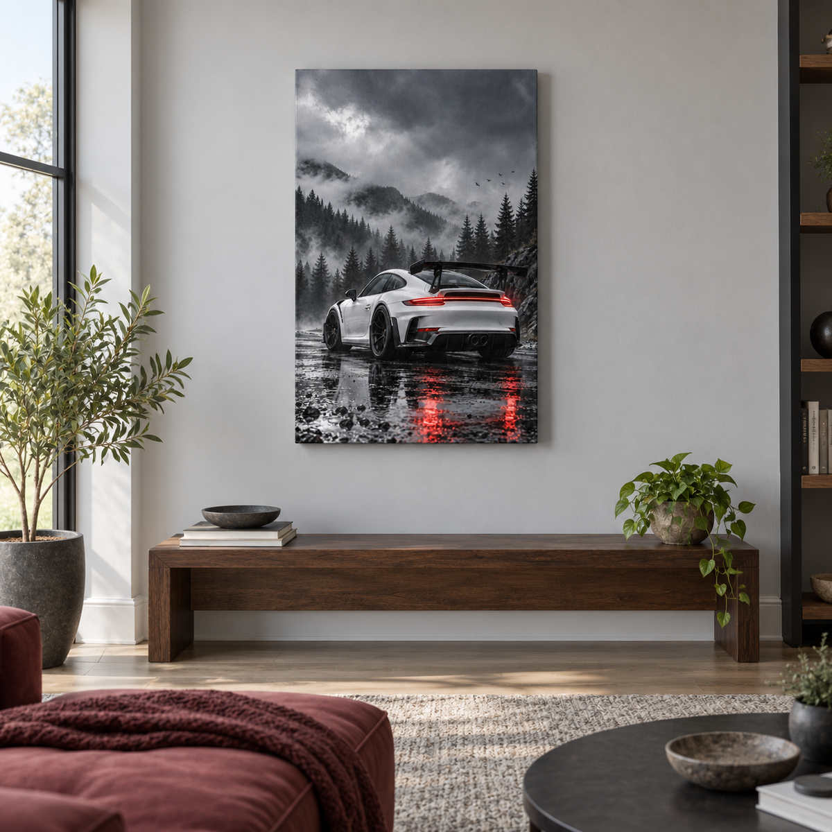 Rainy Forest Track Car — Stretched Canvas room scene | AUSJOJO