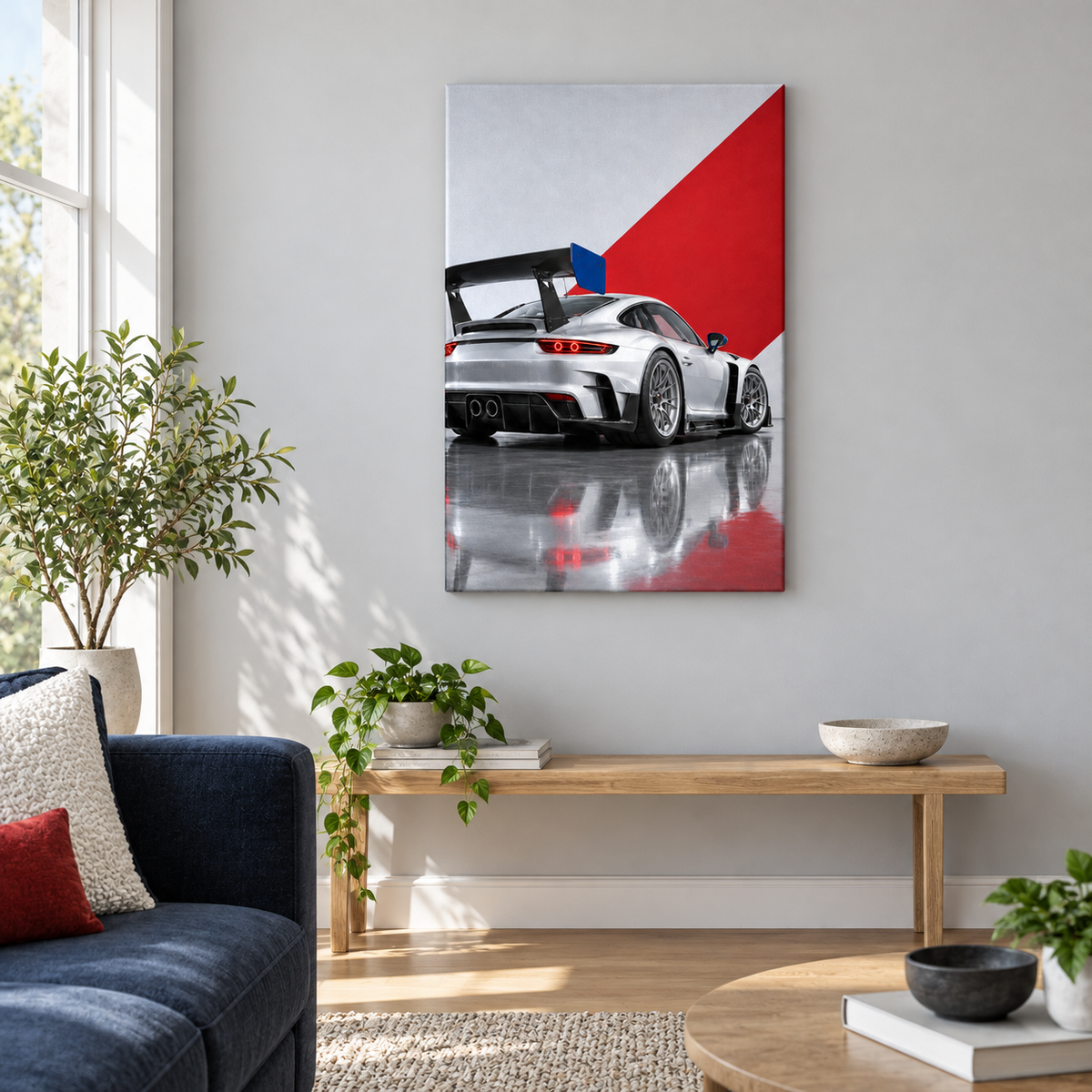 Blue Silver Studio Race Car — Stretched Canvas room scene | AUSJOJO