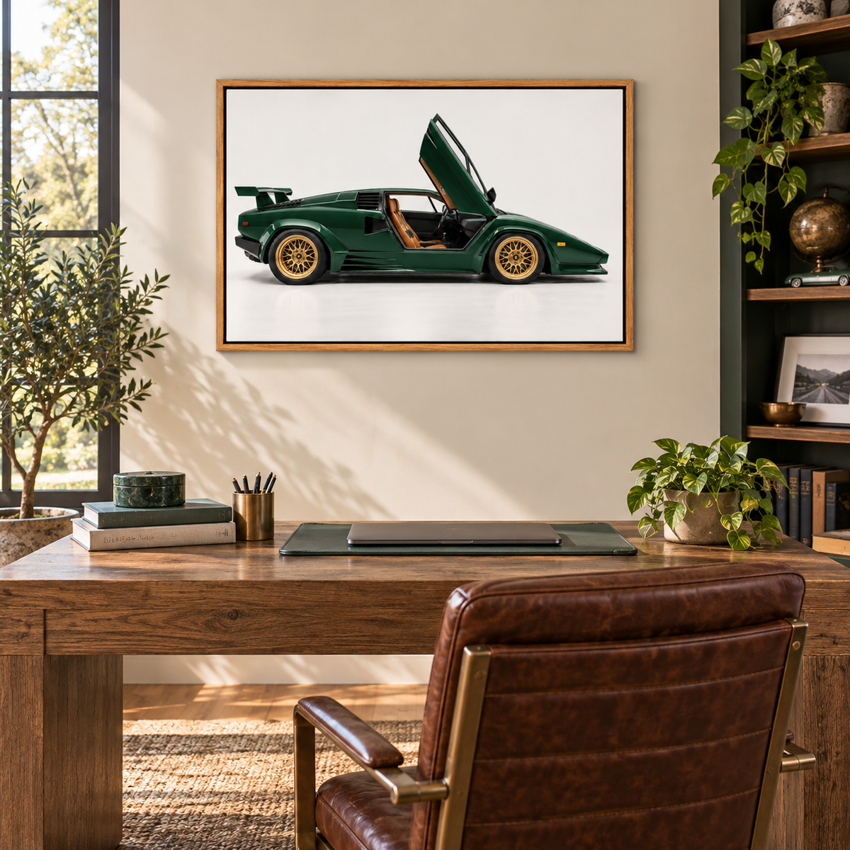 Emerald Scissor Door Classic Landscape — Brown Frame room scene | AUSJOJO