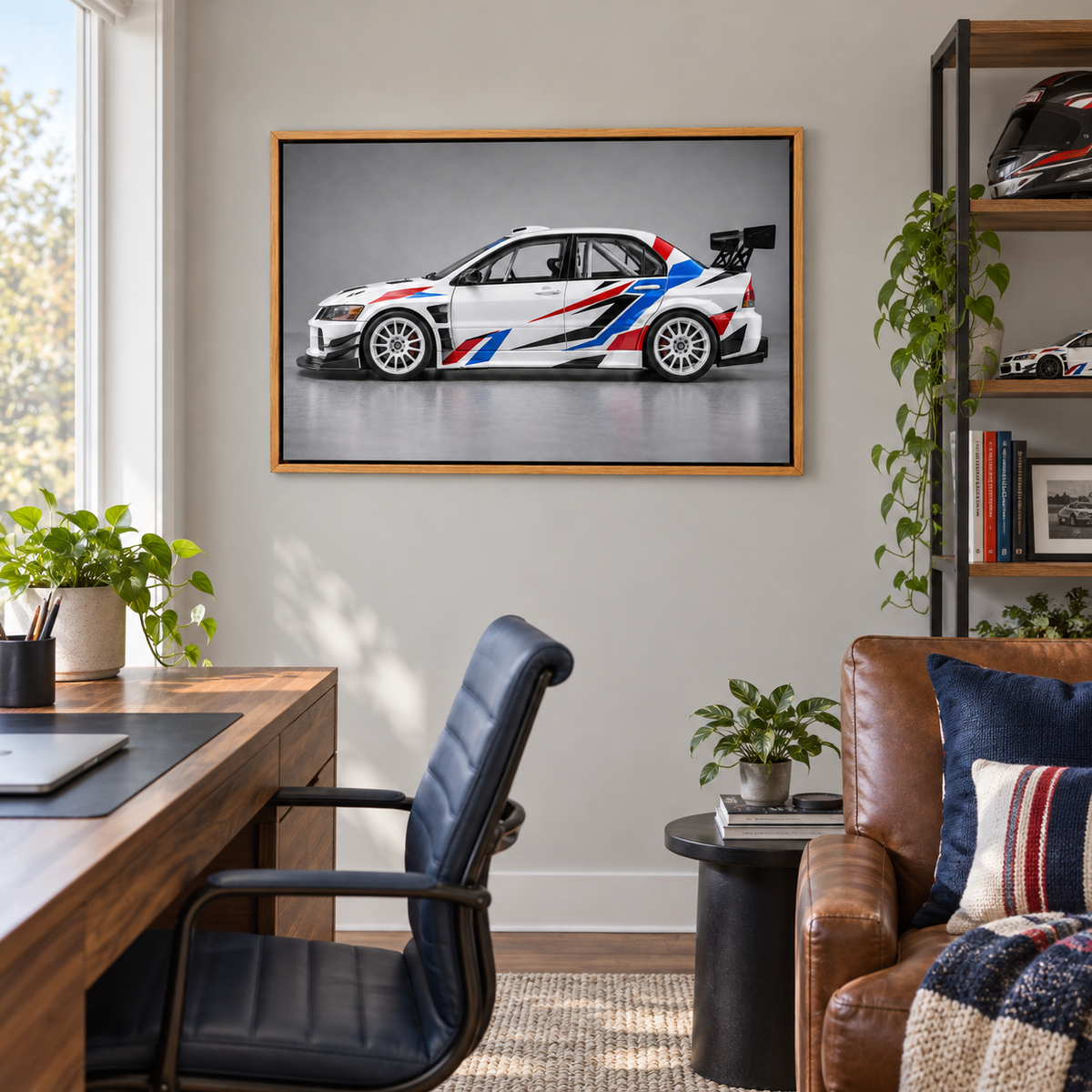 White Striped Rally Model Landscape — Brown Frame room scene | AUSJOJO