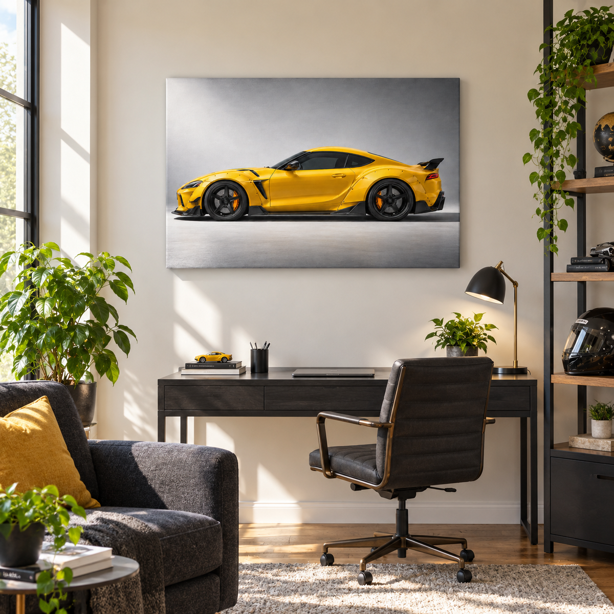 Yellow Widebody Tuner Profile Landscape — Stretched Canvas room scene | AUSJOJO