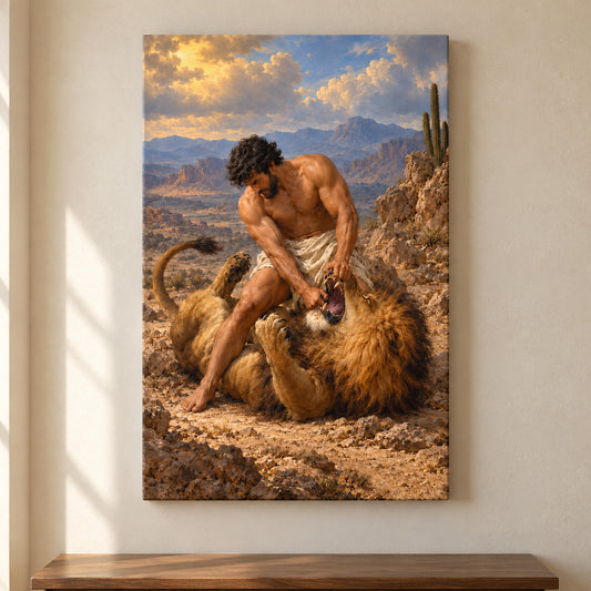Mythic Hero and Lion — framed artwork main view | AUSJOJO