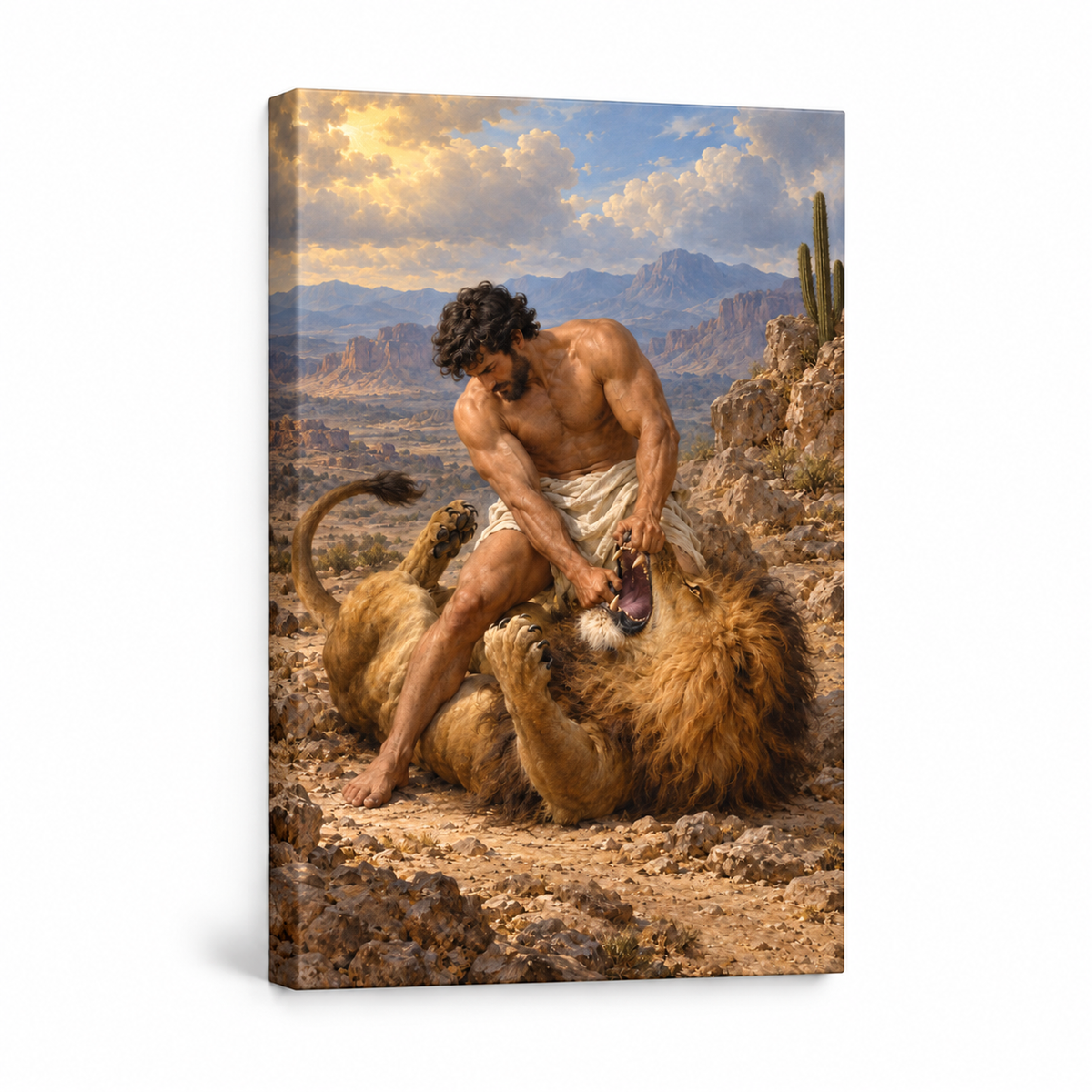 Mythic Hero and Lion — Stretched Canvas product view | AUSJOJO