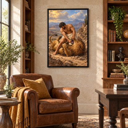 Mythic Hero and Lion — Black Frame room scene | AUSJOJO