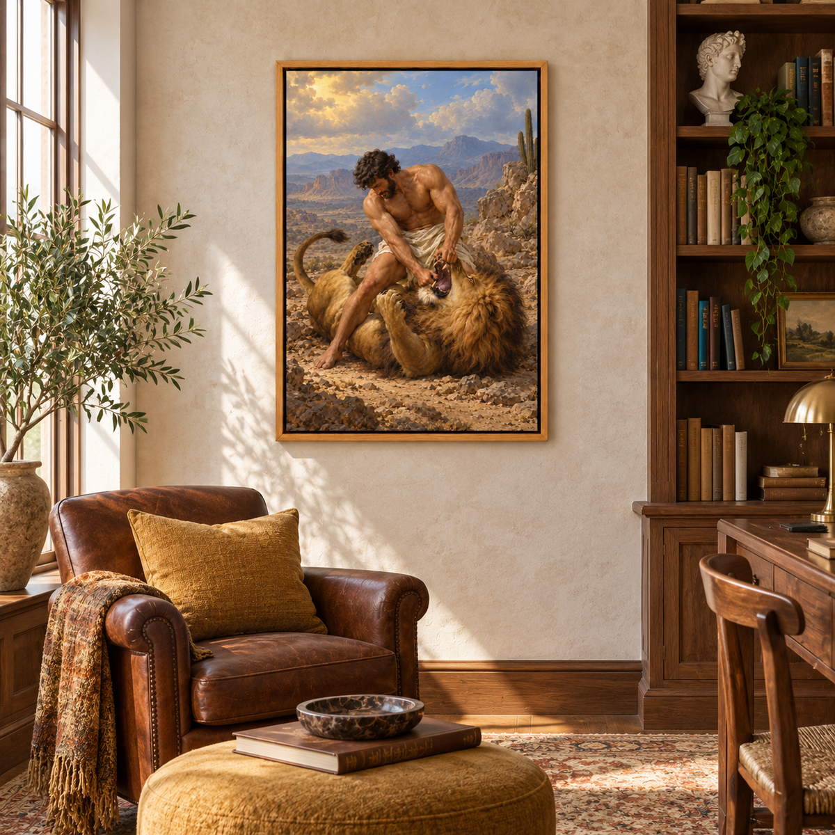 Mythic Hero and Lion — Brown Frame room scene | AUSJOJO