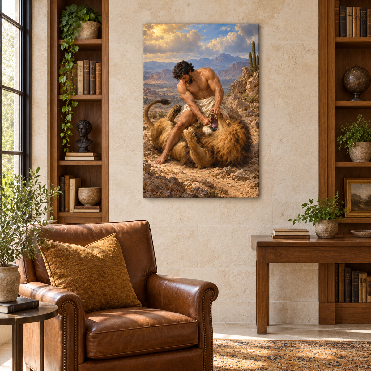 Mythic Hero and Lion — Stretched Canvas room scene | AUSJOJO