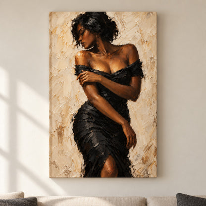 Cream Gestural Black Dress — framed artwork main view | AUSJOJO