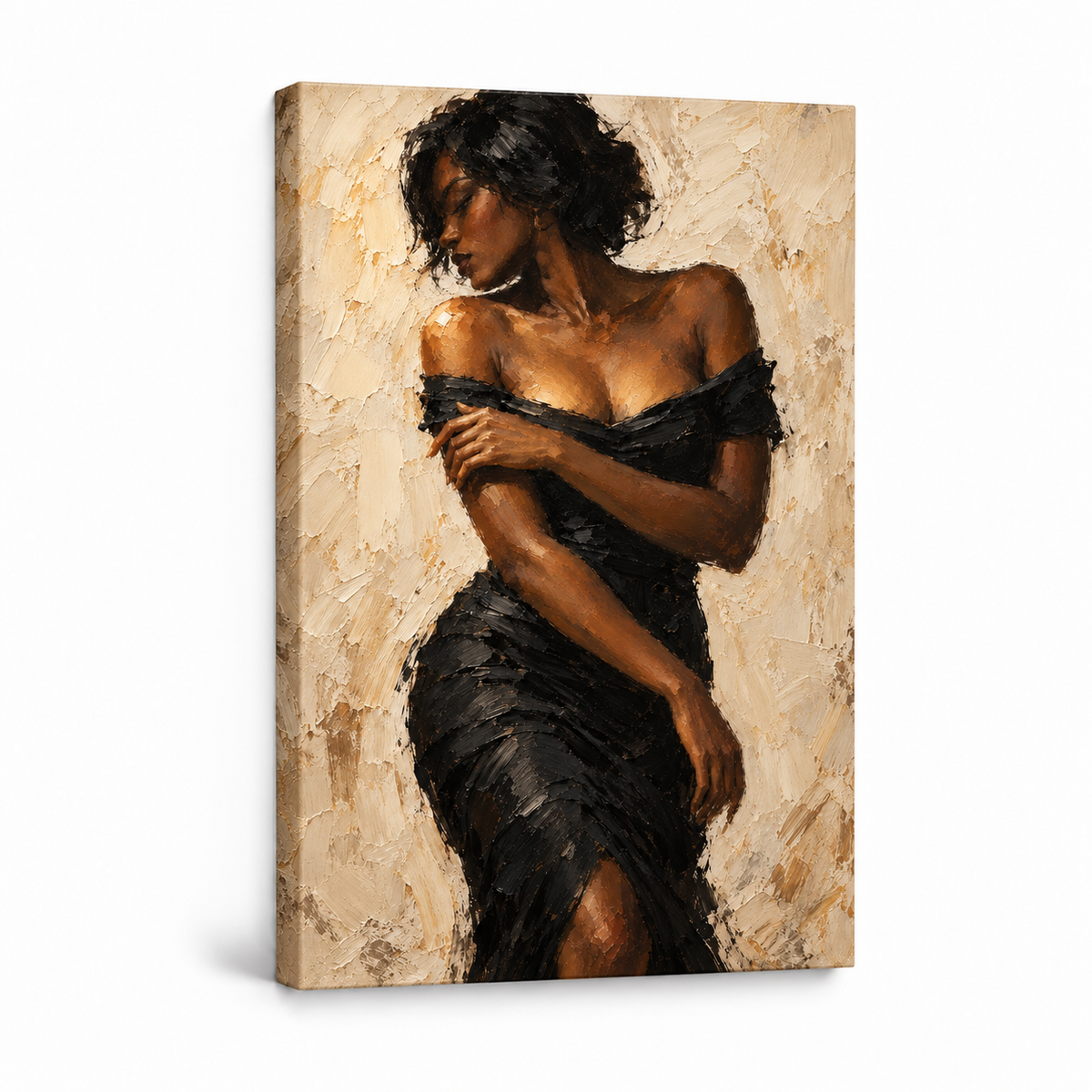 Cream Gestural Black Dress — Stretched Canvas product view | AUSJOJO