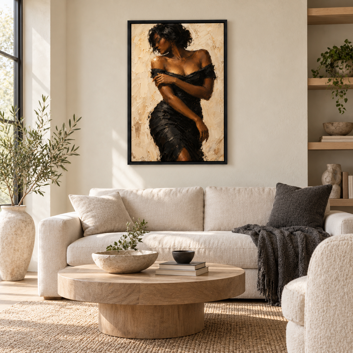 Cream Gestural Black Dress — Black Frame room scene | AUSJOJO