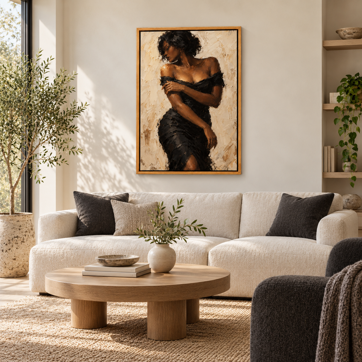 Cream Gestural Black Dress — Brown Frame room scene | AUSJOJO