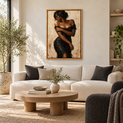 Cream Gestural Black Dress — Brown Frame room scene | AUSJOJO