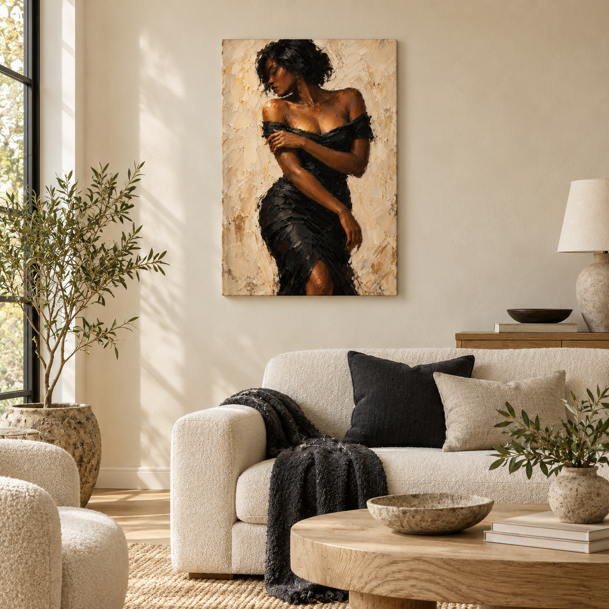 Cream Gestural Black Dress — Stretched Canvas room scene | AUSJOJO