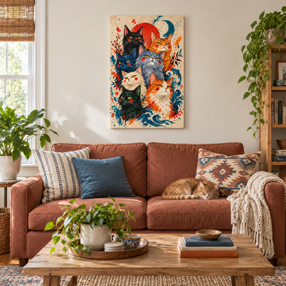 Seven Colorful Cats — Stretched Canvas room scene | AUSJOJO