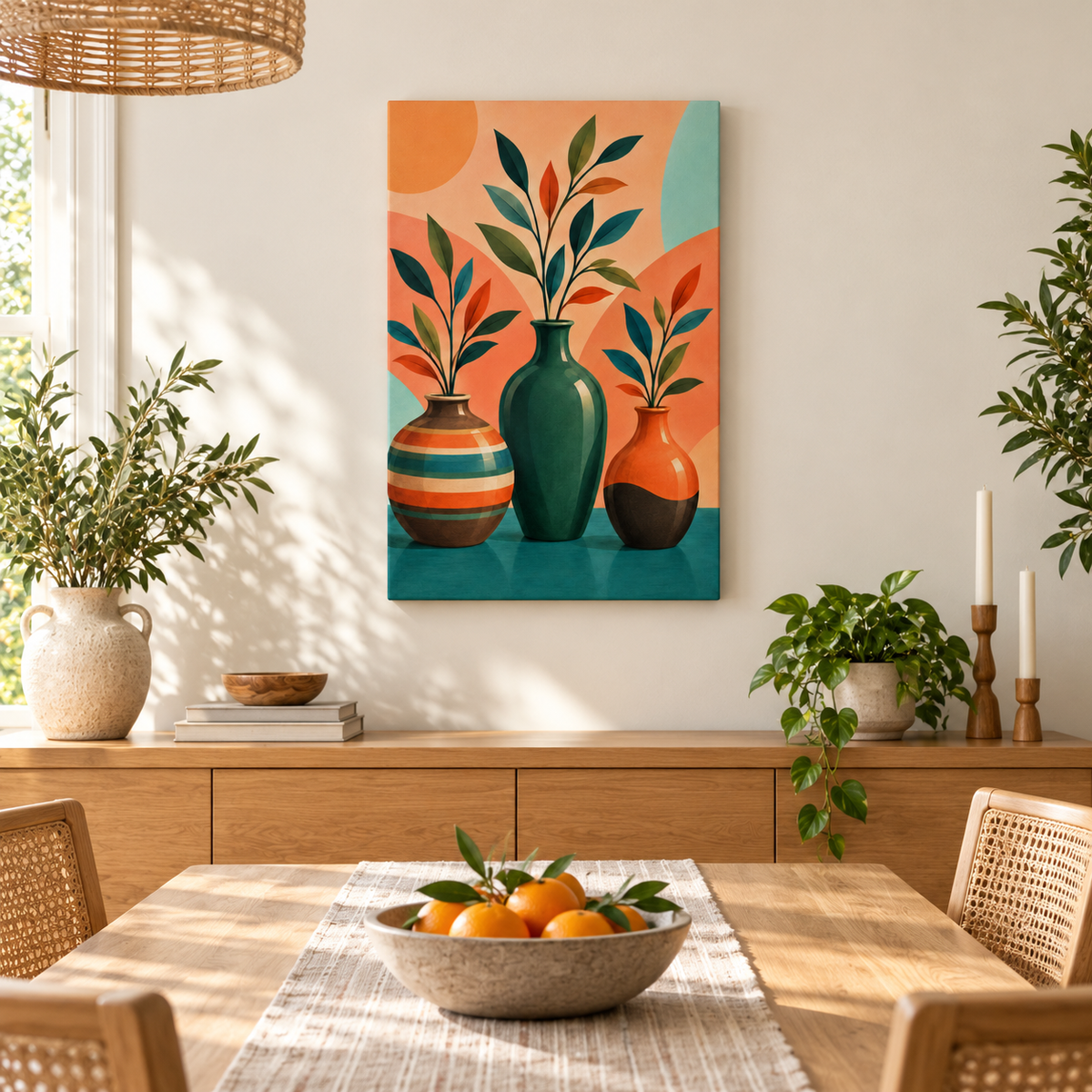 Three Botanical Vases — Stretched Canvas room scene | AUSJOJO