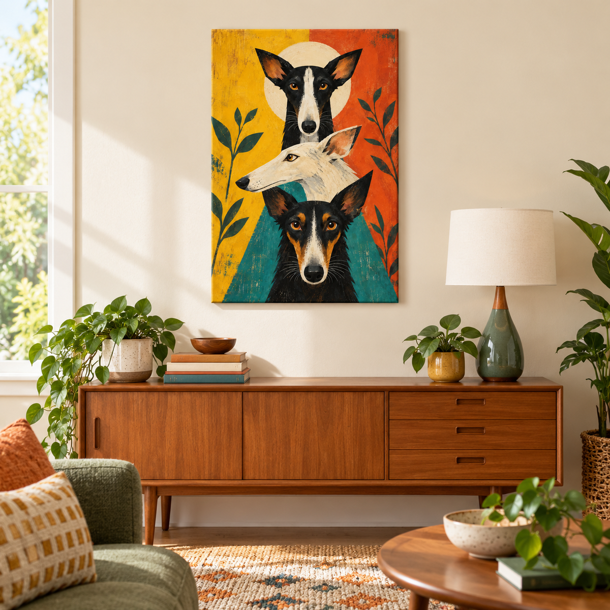 Three Geometric Dogs — Black Frame room scene | AUSJOJO