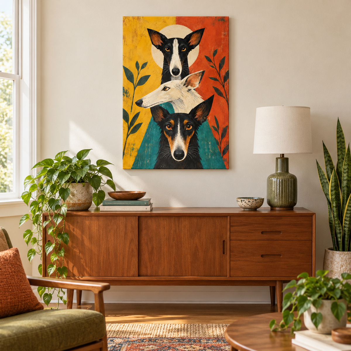 Three Geometric Dogs — Brown Frame room scene | AUSJOJO